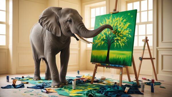 An AI illustration of an elephant in a room, painting a tree on a canvas.