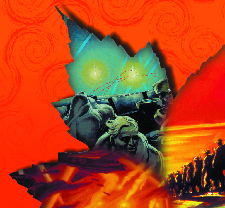 With permission, Jeff Poissant used an original painting from Canadian Military History provided by National Defence. The painting was scanned, color-corrected, and incorporated into a maple leaf illustration for a series of promotional materials we designed.