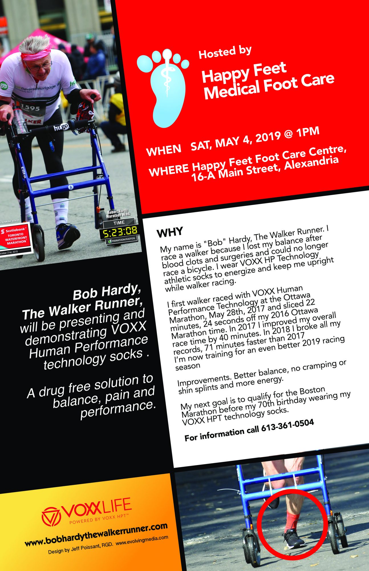 Happy Feet Medical Foot Care presents Bob Hardy The Walker Runner., VOXX Socks. Poster design by Jeff Poissant, RGD of Evolving Media.