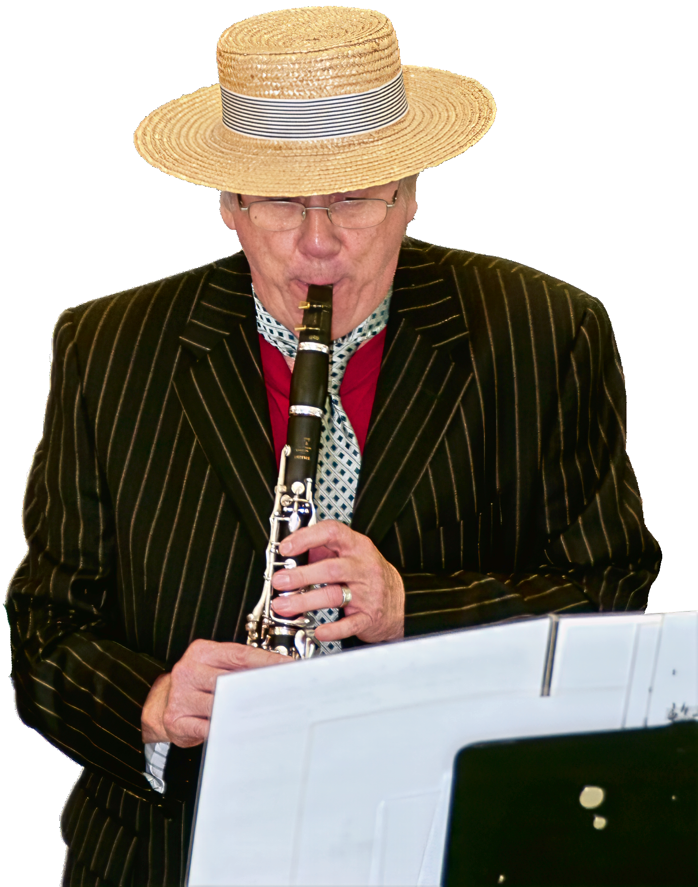 A photo of Robert "Bob" Hardy playing the clarinet at a Participation Music Hall Theatre production. Photo by Jeff Poissant, RGD.