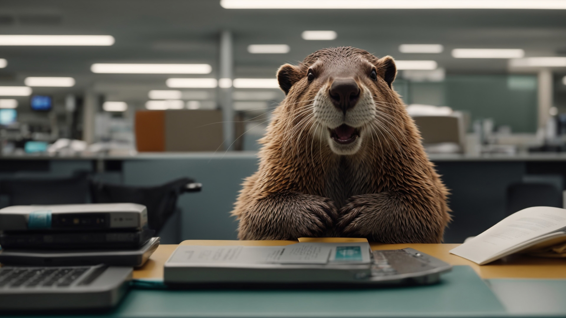 A beaver in a modern day newsroom