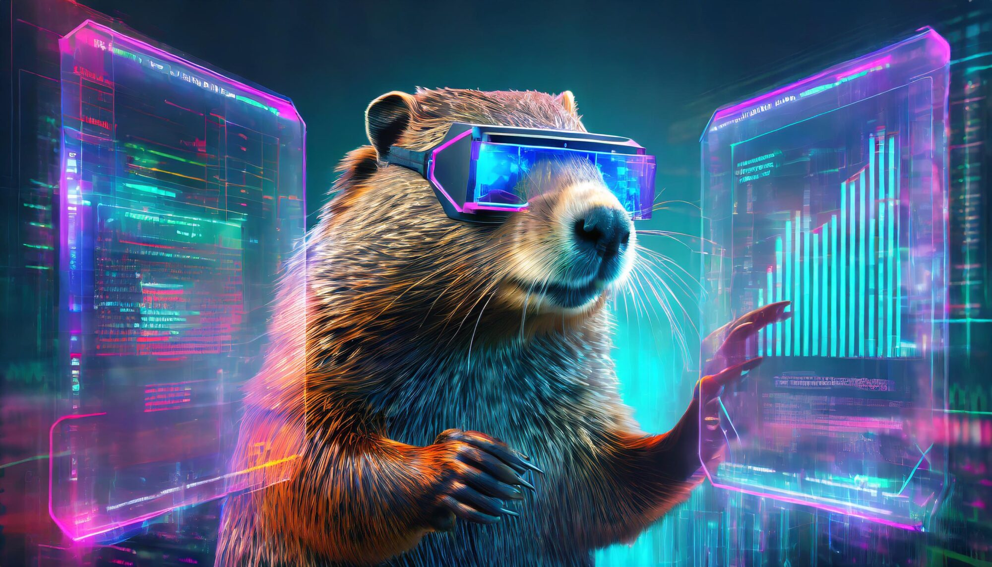 An AI Illustration of a beaver wearing digital glasses looking to the right at a virtual computer screen.