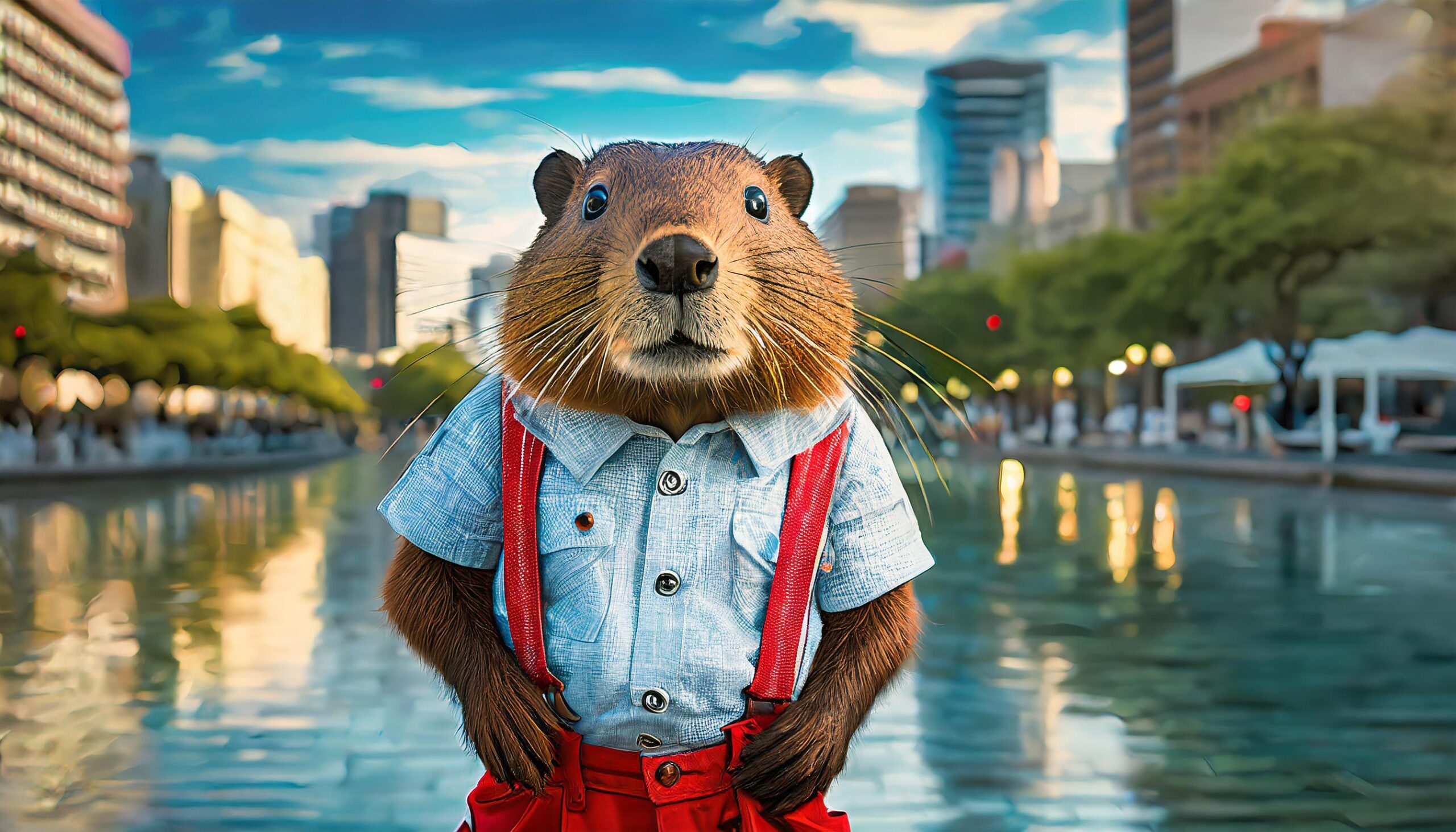 An Ai Generated illustration of a beaver dressed in red jeans, suspenders, and a blue short sleeved shirt playing tourist, for use in a an article written by Jeff Poissant. Adobe Firefly.