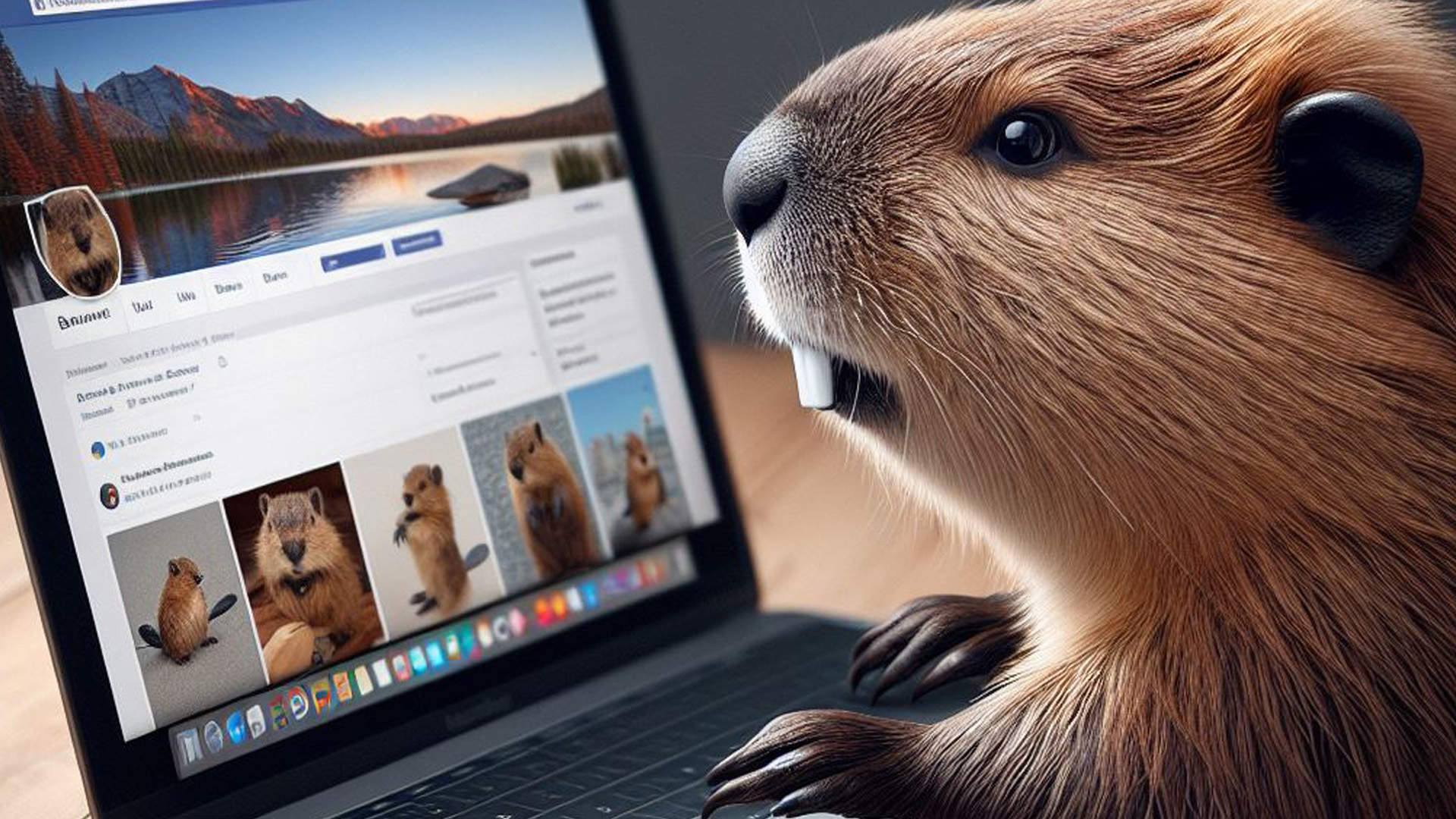 A photo illustration of a beaver scrolling a Facebook page on a MacBook Pro. Image generated by Bing Chat.