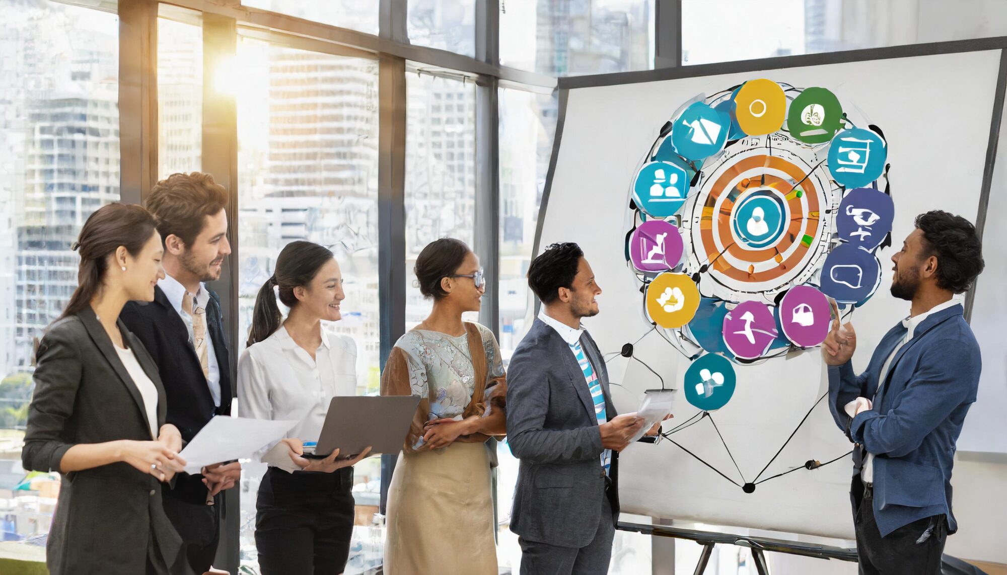 An Ai Generated illustration of a small group of employees looking at a white board with social media assets on a target. Adobe Firefly.