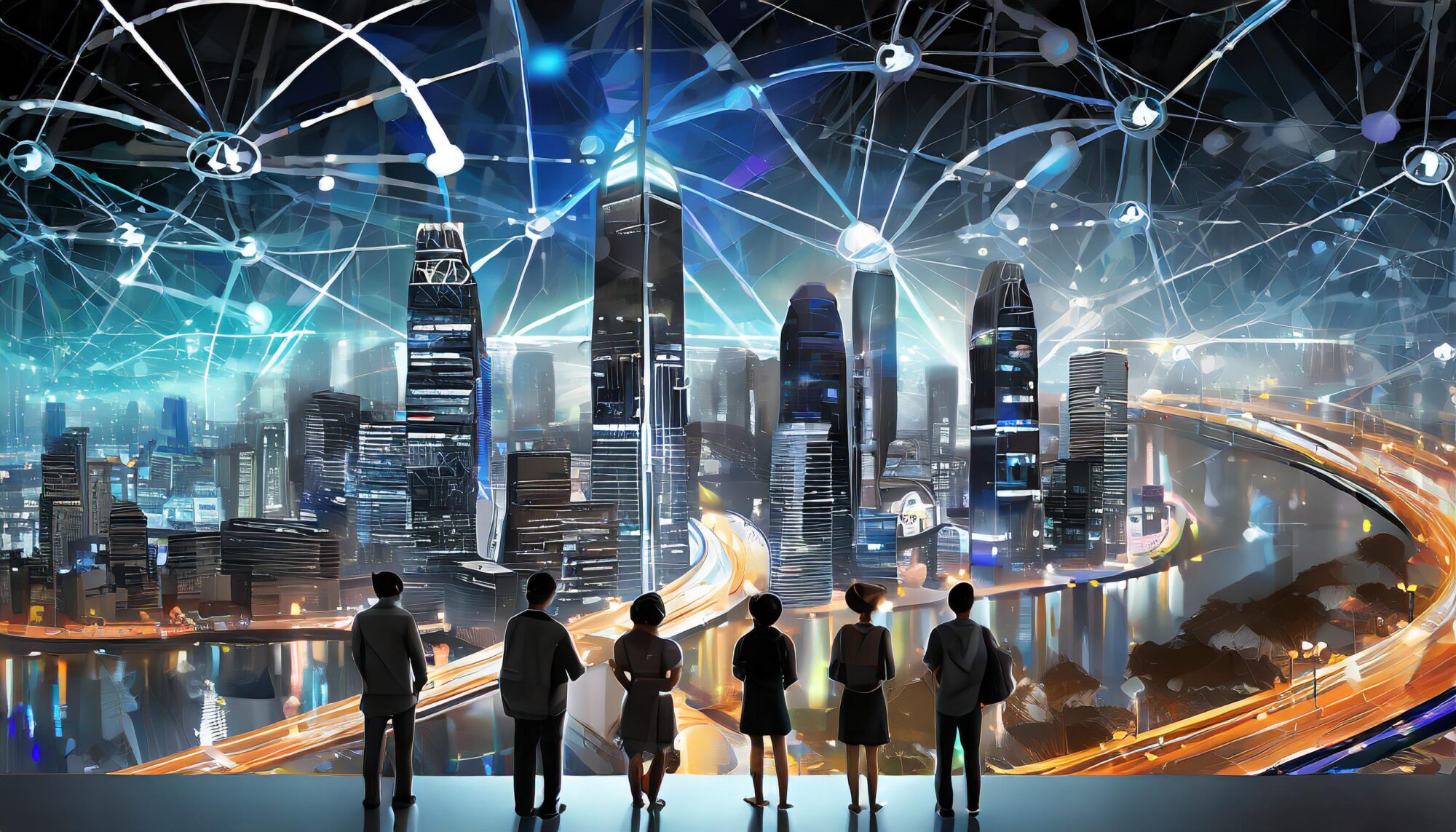 An Ai Generated illustration of a small group of people looking onto a futuristic city. Adobe Firefly.