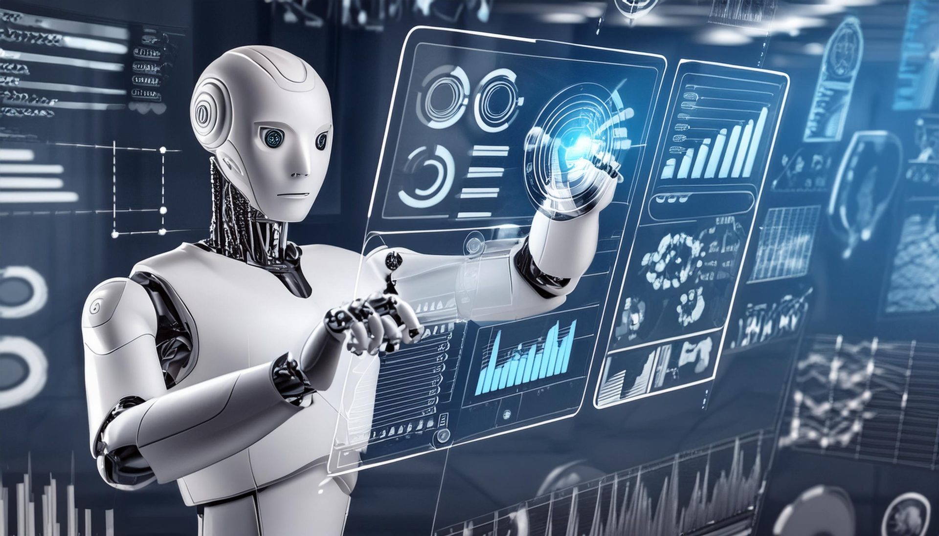 A futuristic AI robot scanning data on the effects of cyber crime on businesses, non-profits, and government agencies in Eastern Ontario.