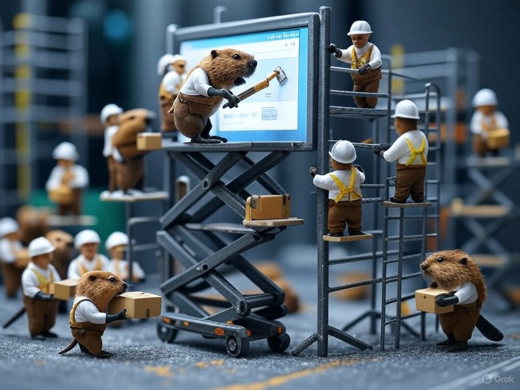 A hyper-realistic miniature scene featuring tiny adult beavers dressed as construction workers in white shirts, brown pants, and white helmets working on a virtual webpage against a futuristic electronic backdrop. One worker is standing on an industrial scissor-lift, while another is working on a scaffolding, carefully placing content elements on the website; whether photos, text, or video links. On the ground, other beavers are carry boxes, ingredients, and tools. The virtual monitor are set on an electronic road dusted with powdered bytes, surrounded by small computer motherboard components. The background is softly blurred with a cool, moody black, green, blue tone, creating a stylish and artistic atmosphere. Image created with AI
