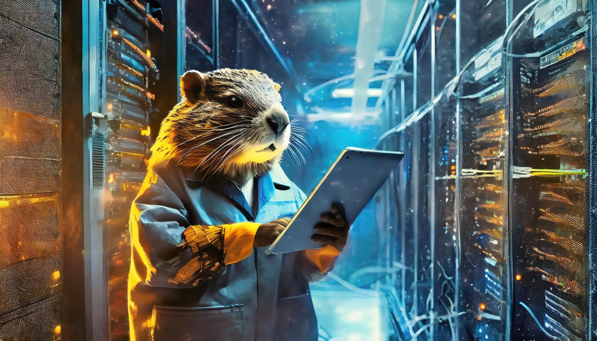 An AI illustration of a beaver actively verifying and troubleshooting the hosting servers in Canada. Concept by Jeff Poissant.