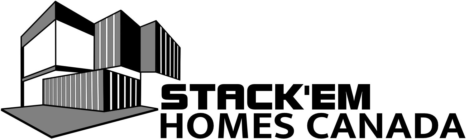 New Stack'em Homes Canada logo – a bold, custom-designed wordmark and stacked house icon in black and white, created by Jeff Poissant, RGD of Evolving Media. No AI was used in the design process.