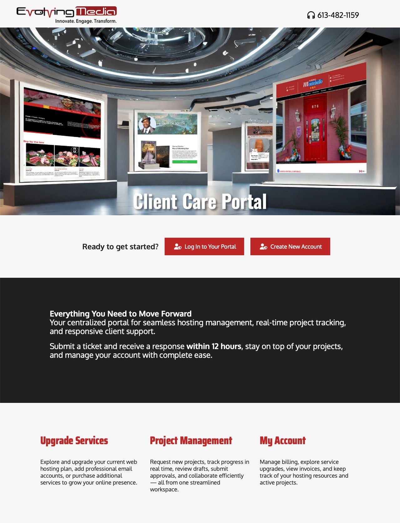 A screenshot of the Client Care Portal at Evolvingmedia.com